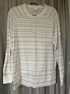 LulaRoe Mark White Long-Sleeve Henley Shirt with Black Stripe Dashes
